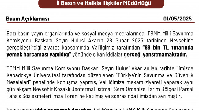 Valilikten '88 bin TL'lik yemek harcaması' iddialarına yalanlama