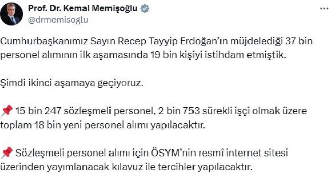 Sağlık Bakanlığı'na 18 bin yeni personel alınacak