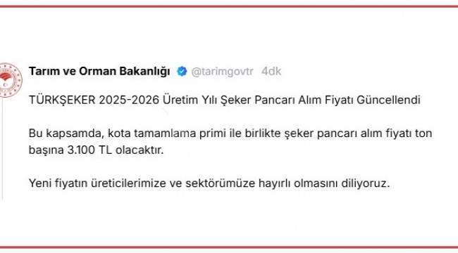 Şeker pancarı alım fiyatı 3 bin 100 TL olarak güncellendi